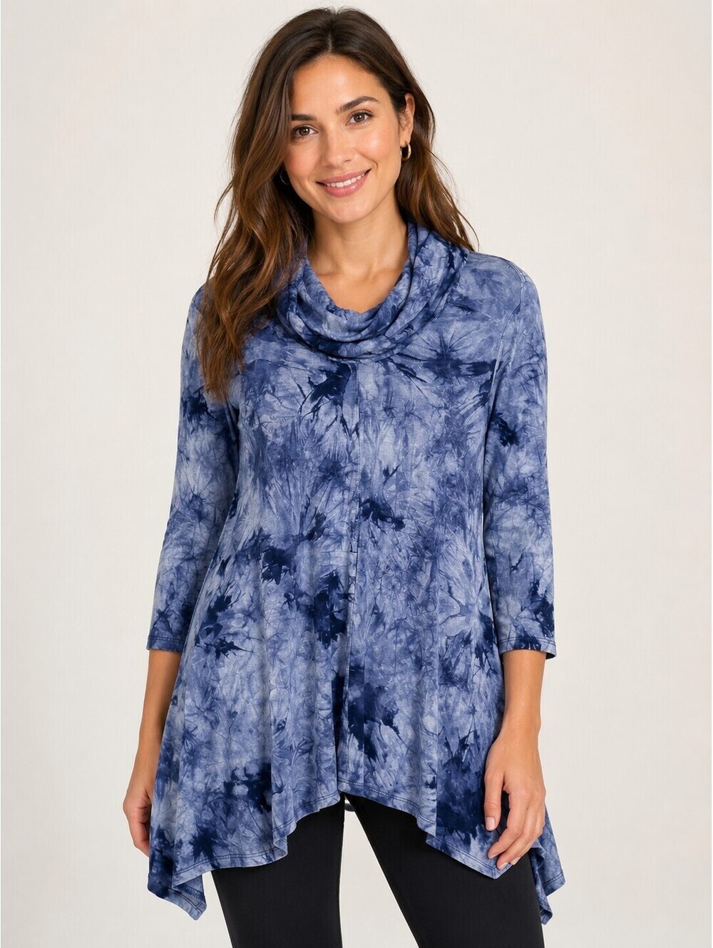 Ali Miles Tie Dye Cowl Neck Tunic Top Blue Rayon Stretch 3/4 Sleeve Size M